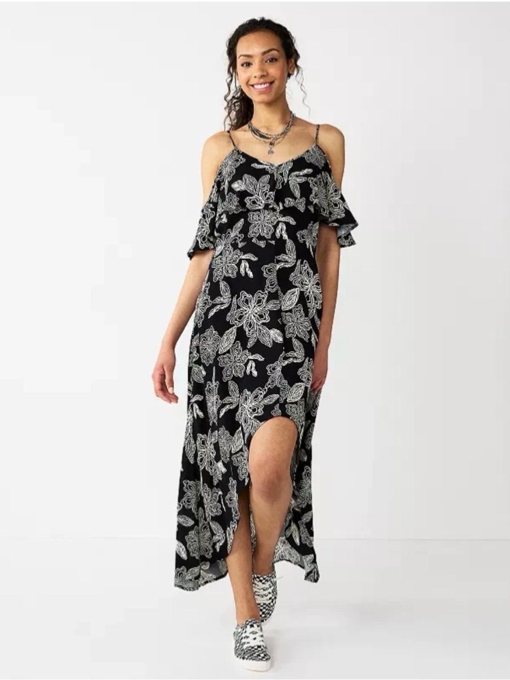 Rewind Black & White Floral Cold-Shoulder High-Low Maxi Dress Summer Feminine